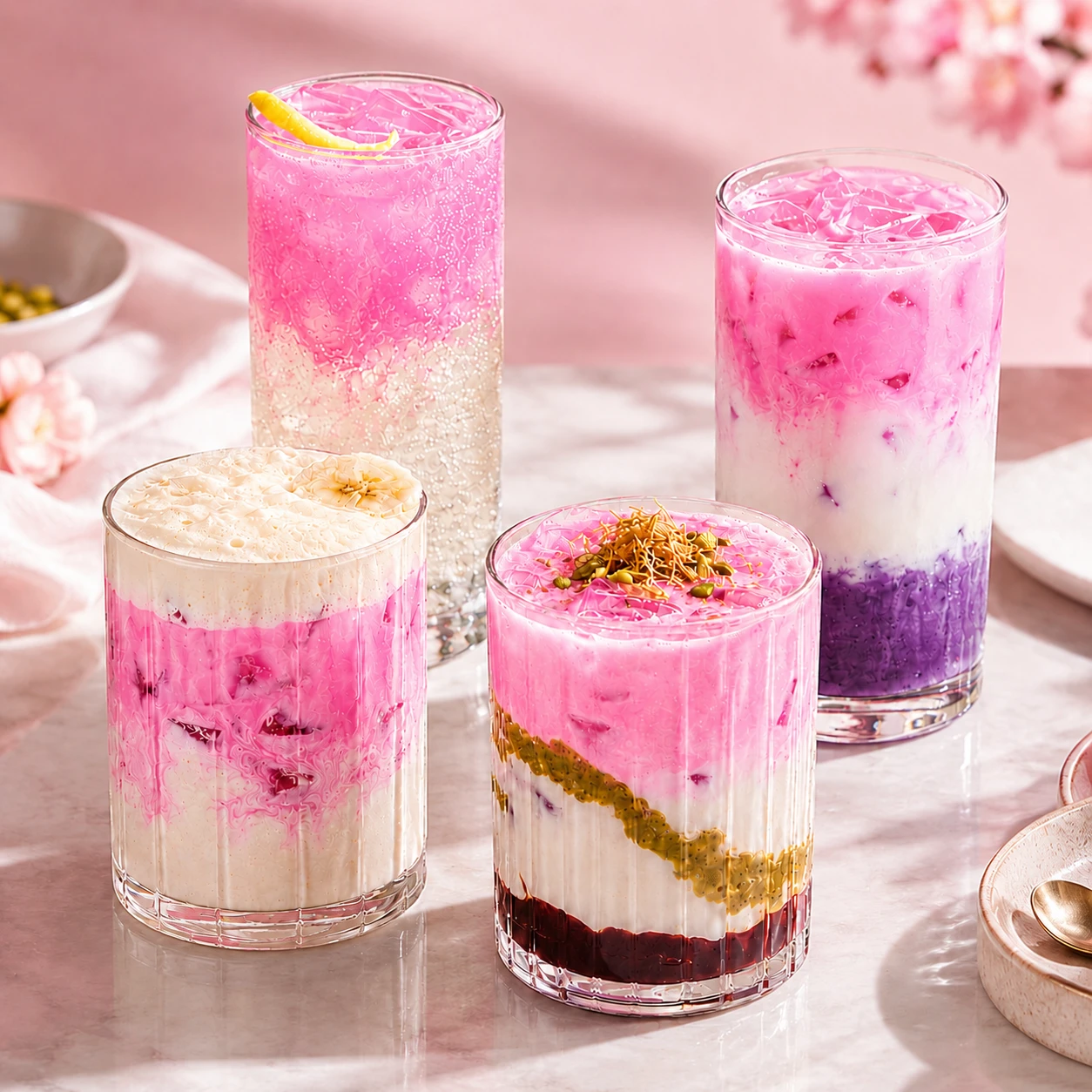 Pink Matcha als verschiedene Rezeptideen in Gläsern für abwechslungsreiche Drinks im Cafe und an Bars