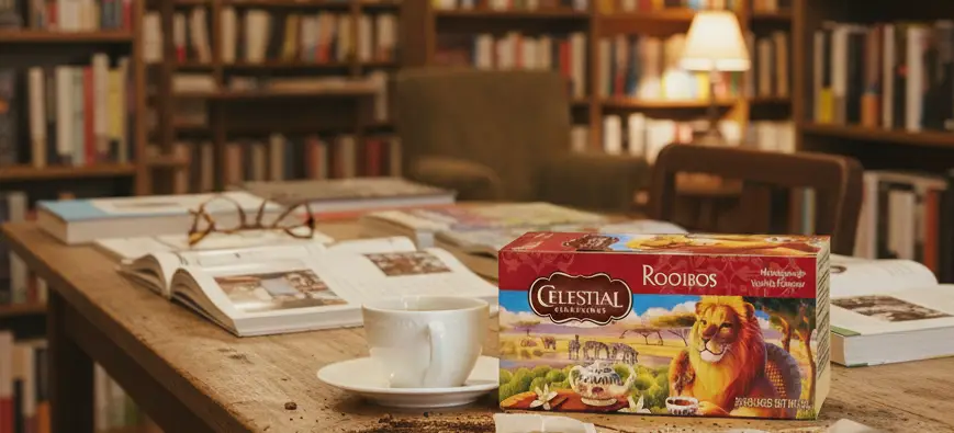 Teeverpackung auf einem Schreibtisch mit Büchern im Hintergrund