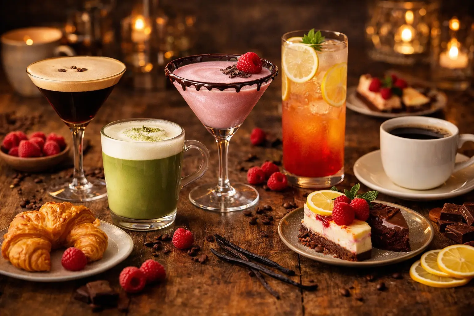gedeckter Tisch mit Matcha, Kuchen und Cocktails