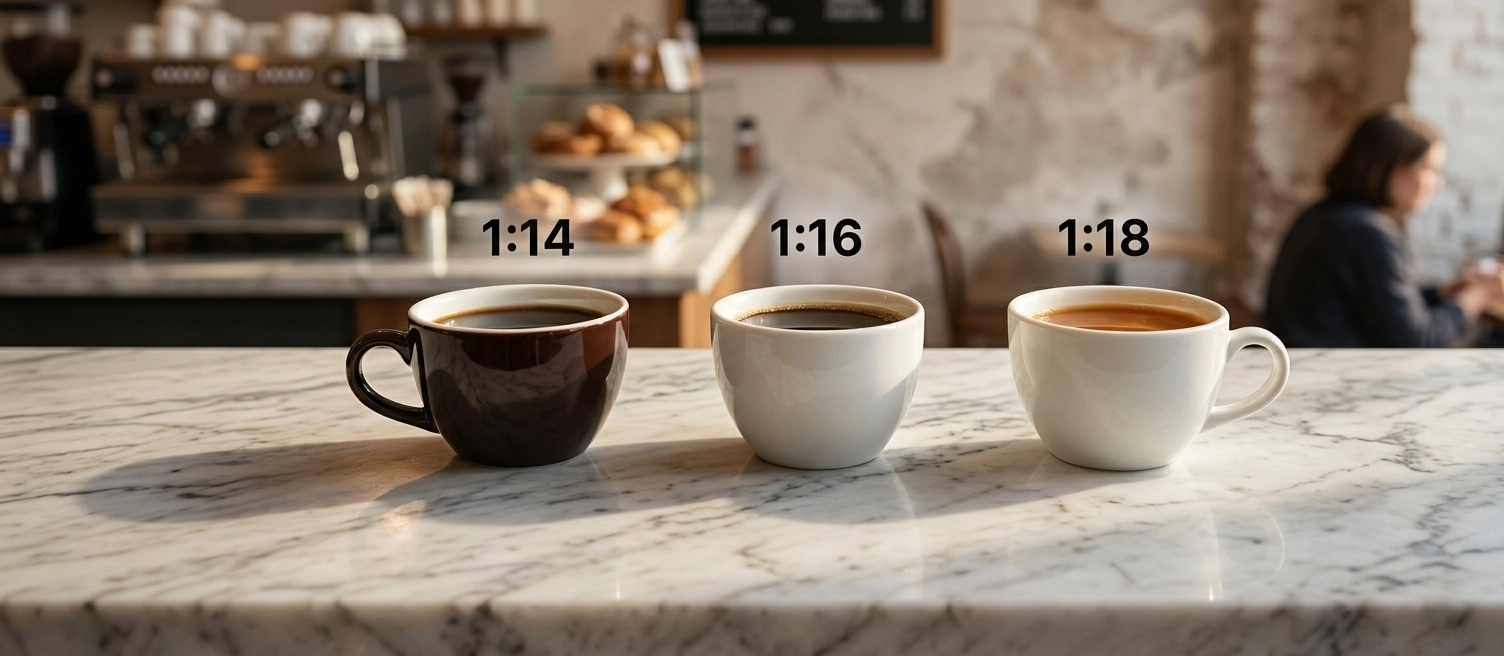 Drei Kaffeetassen nebeneinander auf einem Marmortresen in einem Café, beschriftet mit den Brew Ratios 1:14, 1:16 und 1:18 – visueller Vergleich verschiedener Kaffee-Wasser-Verhältnisse für Filterkaffee.