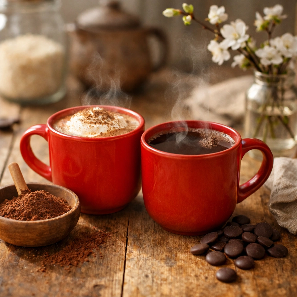 Zwei Kakao Tassen und Kakaopulver und Kakao Drops