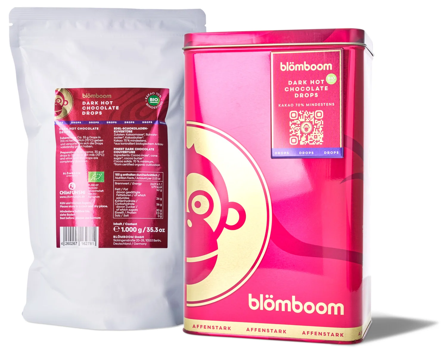Blömboom - Metalldose+Refillbeutel und Magnet "Dark Hot Chocolate Drops BIO 1kg"