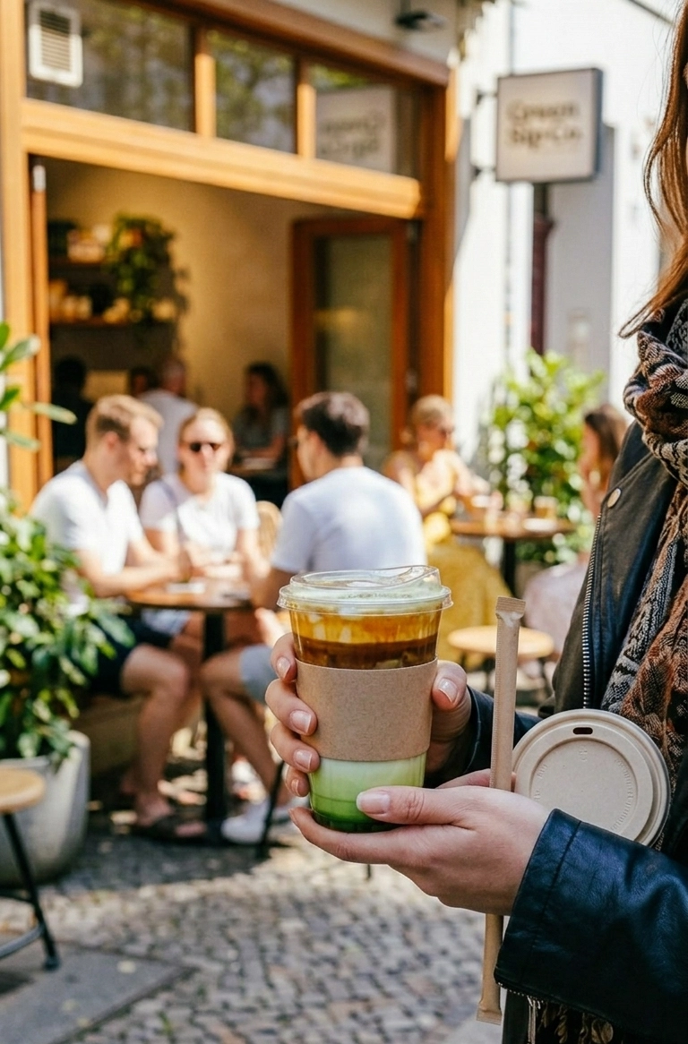 Person hält einen Pandan Iced Latte to go vor einem Café im Außenbereich