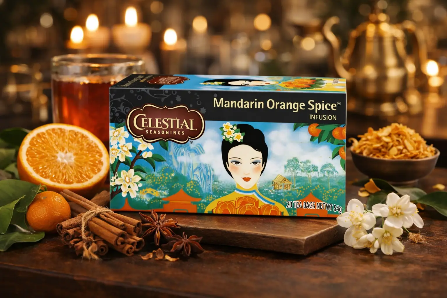 Tee Verpackung mit Orange und Gewürzen