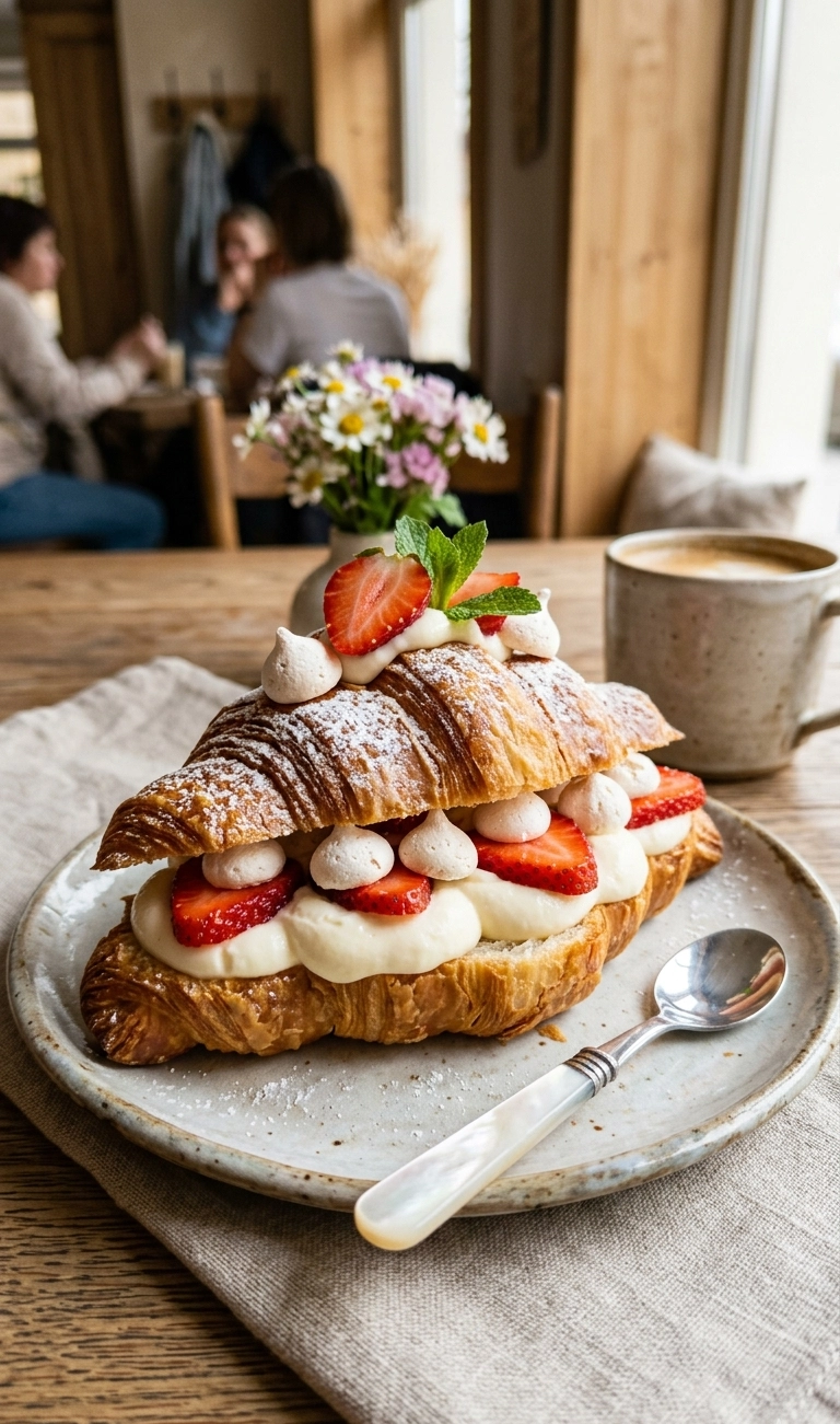 Loaded Croissant mit Foodness Weißer Schokoladencreme, frischen Erdbeeren und Meringhette
