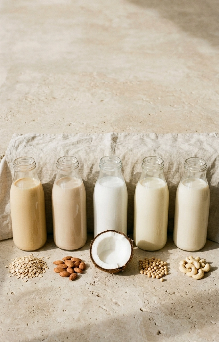 Fünf Glasflaschen mit pflanzlichen Milchalternativen auf Steinoberfläche, davor je die Zutat: Haferflocken, Mandeln, Kokosnuss, Sojabohnen und Cashews
