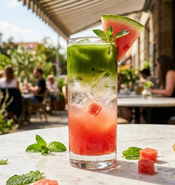 Watermelon Matcha Refresher im hohen Glas mit sichtbaren Schichten aus rosa Wassermelonen-Sirup, cremigem Haferdrink und sattem Matcha-Grün, serviert mit Eis und einer Wassermelonenscheibe am Glasrand.