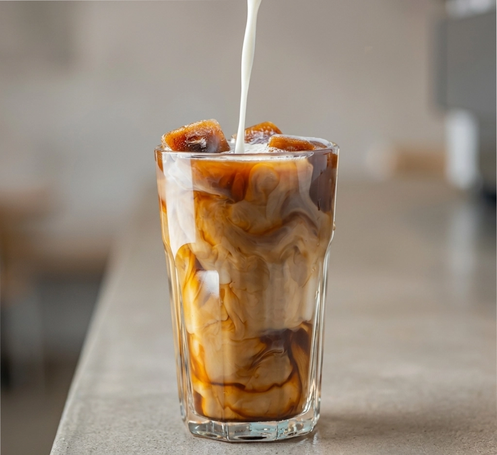 Cremiger Protein Cold Brew Shake im hohen Glas mit Kakaopulver-Topping, gefrorener Banane und Proteinpulver im Hintergrund, zubereitet mit Rowdy Kaffee