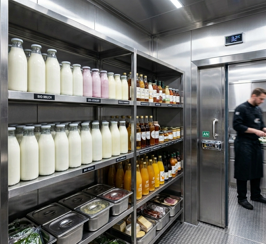 Gekühltes Gastronomielager mit beschrifteten Regalen voller Milchflaschen und Getränkeflaschen, Koch im Hintergrund, Temperaturanzeige zeigt 3,2 Grad