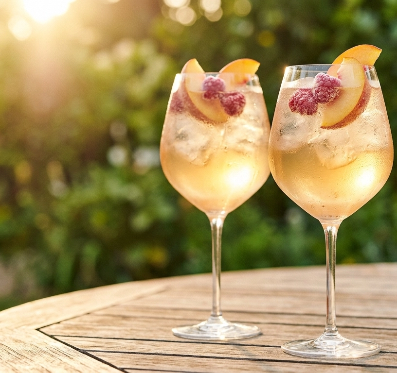 Zwei Gläser Peach Perfect Spritz mit Eis, Pfirsichspalten und Himbeeren auf einem Gartentisch, daneben eine Flasche Torani Peach Sirup.