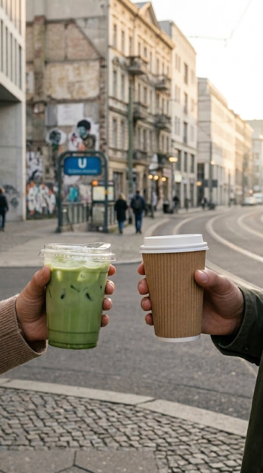 Zwei Personen halten einen Iced Matcha Latte und einen heißen Kaffee to go in der Hand, im Hintergrund eine belebte Berliner Straße mit U-Bahn-Eingang und Altbauten.