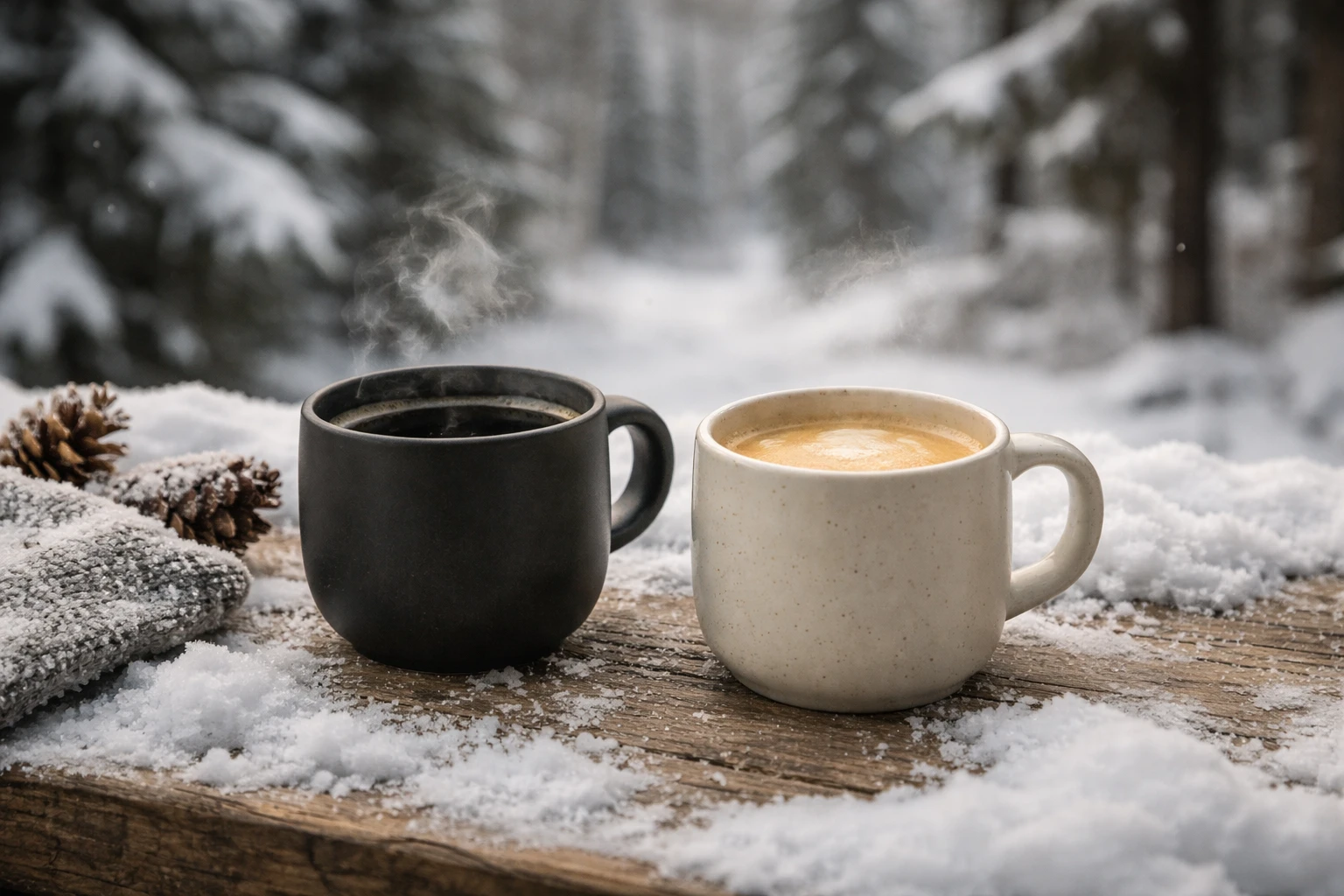Zwei dampfende Kaffeetassen im Schnee