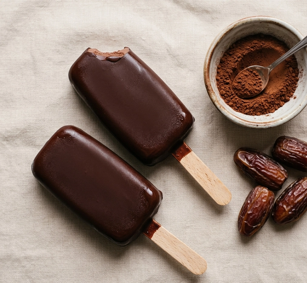 Cremiges Schoko-Eis am Stiel mit tiefbrauner Schokoladenfarbe auf hellem Hintergrund, glänzende Oberfläche, zwei Eisstiele nebeneinander