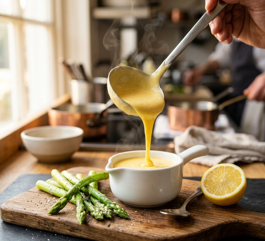 Cremige Sauce Hollandaise frisch aus dem Vitamix Blender, serviert in einer kleinen weißen Sauciere auf einem hellen Holztablett — schnelles Blender-Rezept für Gastronomie und Café.