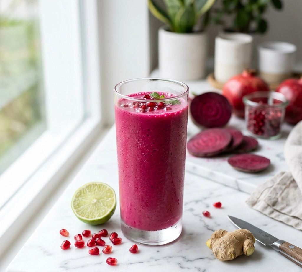 Leuchtend pinker Rote-Bete-Saft mit Granatapfel, Apfel, Ingwer und Limette in hohem Glas auf weißem Marmor, garniert mit frischen Granatapfelkernen und Limettenscheibe.