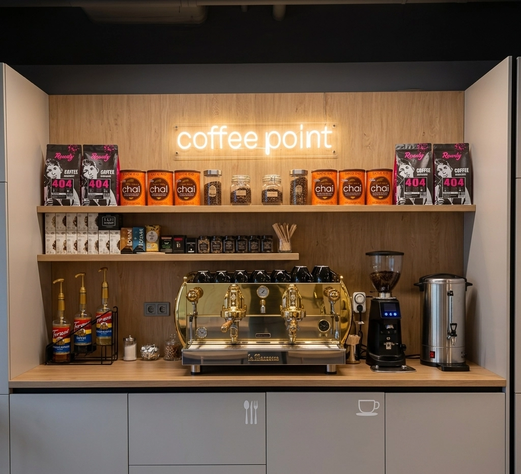 Ausgebauter Coffee Point in einem Büro – goldener Zweigruppen-Siebträger, Espressomühle und Heißwasserspender, Regal mit David Rio Chai Dosen und Rowdy Kaffee, Torani Sirupflaschen links, Neonschild „coffee point"