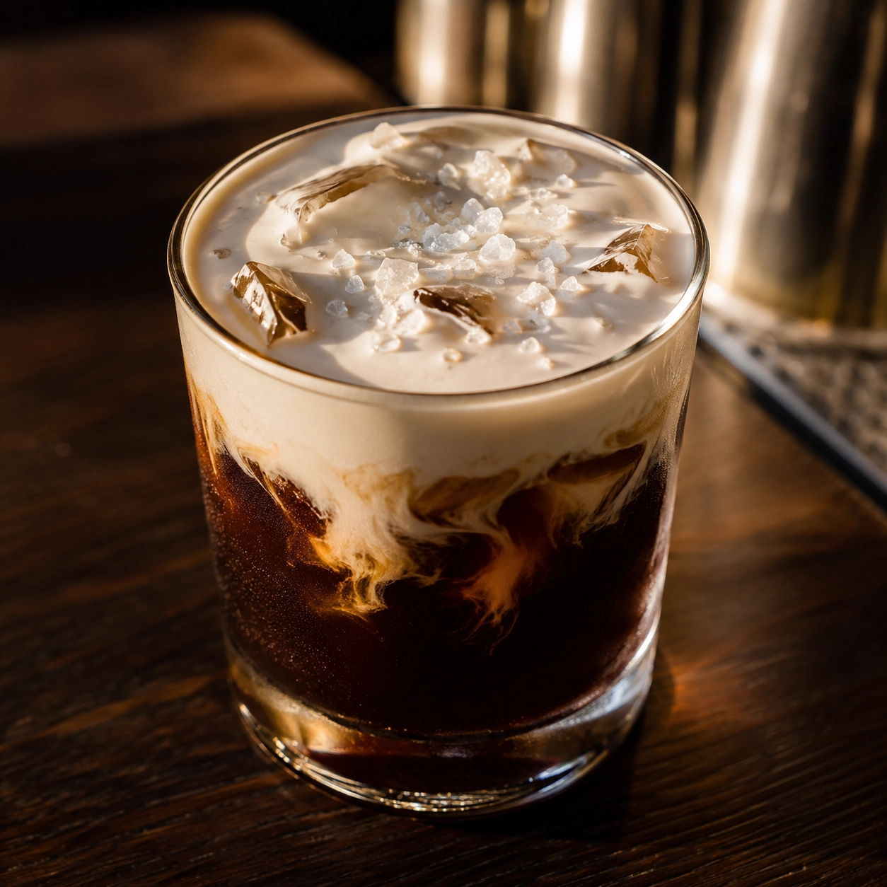 Glas mit Cold Brew Kaffee und Eiswürfeln, obenauf eine cremige Sahneschicht mit grobem Meersalz