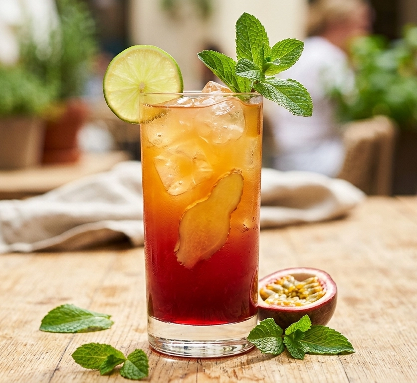 Zinger Sunrise Mocktail in einem hohen Highball-Glas mit sichtbarem Farbverlauf von tiefem Rubinrot unten nach warmem Bernsteinorange oben, garniert mit einer Limettenscheibe und einem großen frischen Minzzweig, mit einer Ingwerscheibe im Glas sichtbar, s