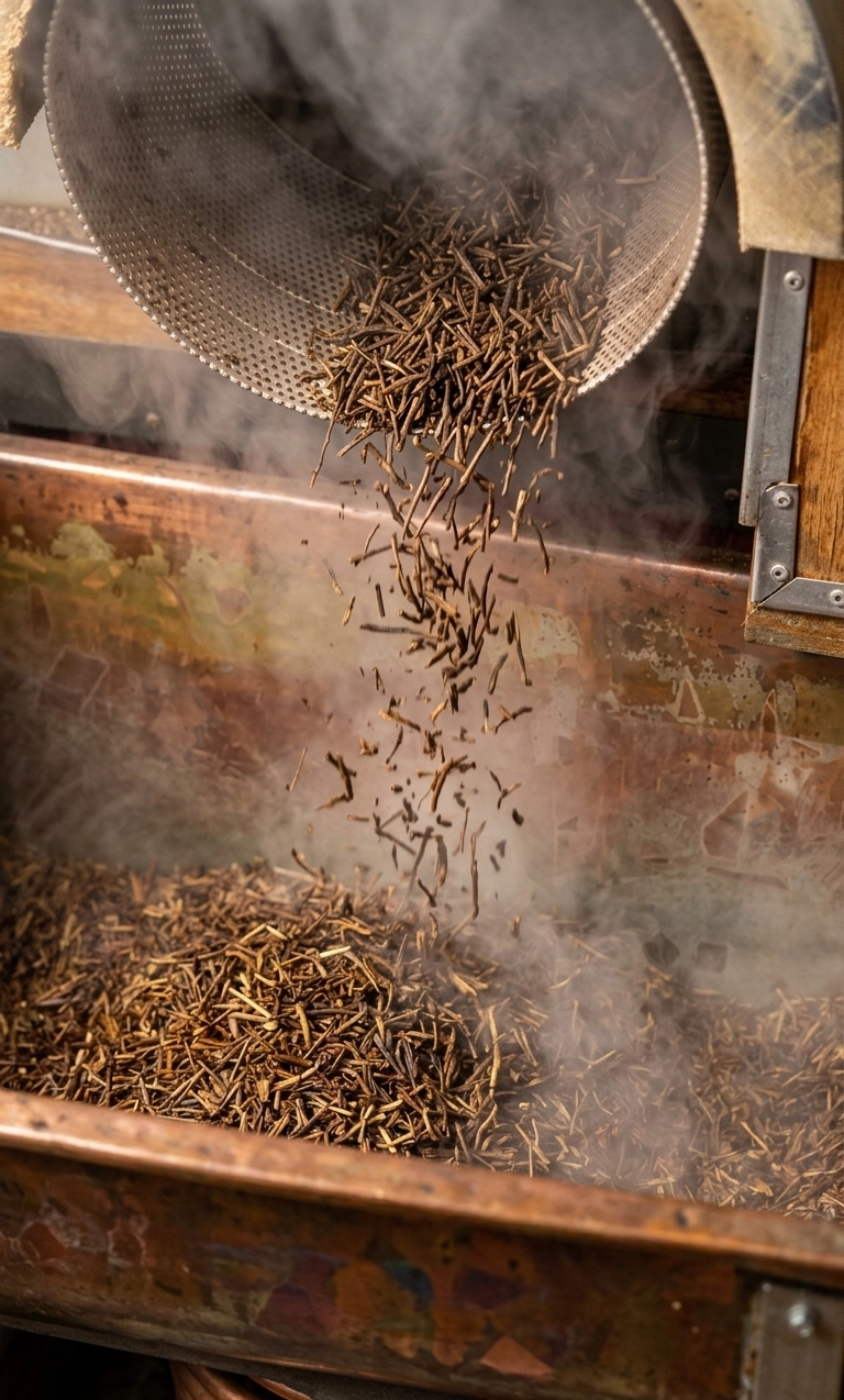 Frisch geröstete Hojicha-Teeblätter werden dampfend aus einem Sieb auf ein Kupfer-Röstblech geschüttet – traditionelle Hojicha-Herstellung in Japan