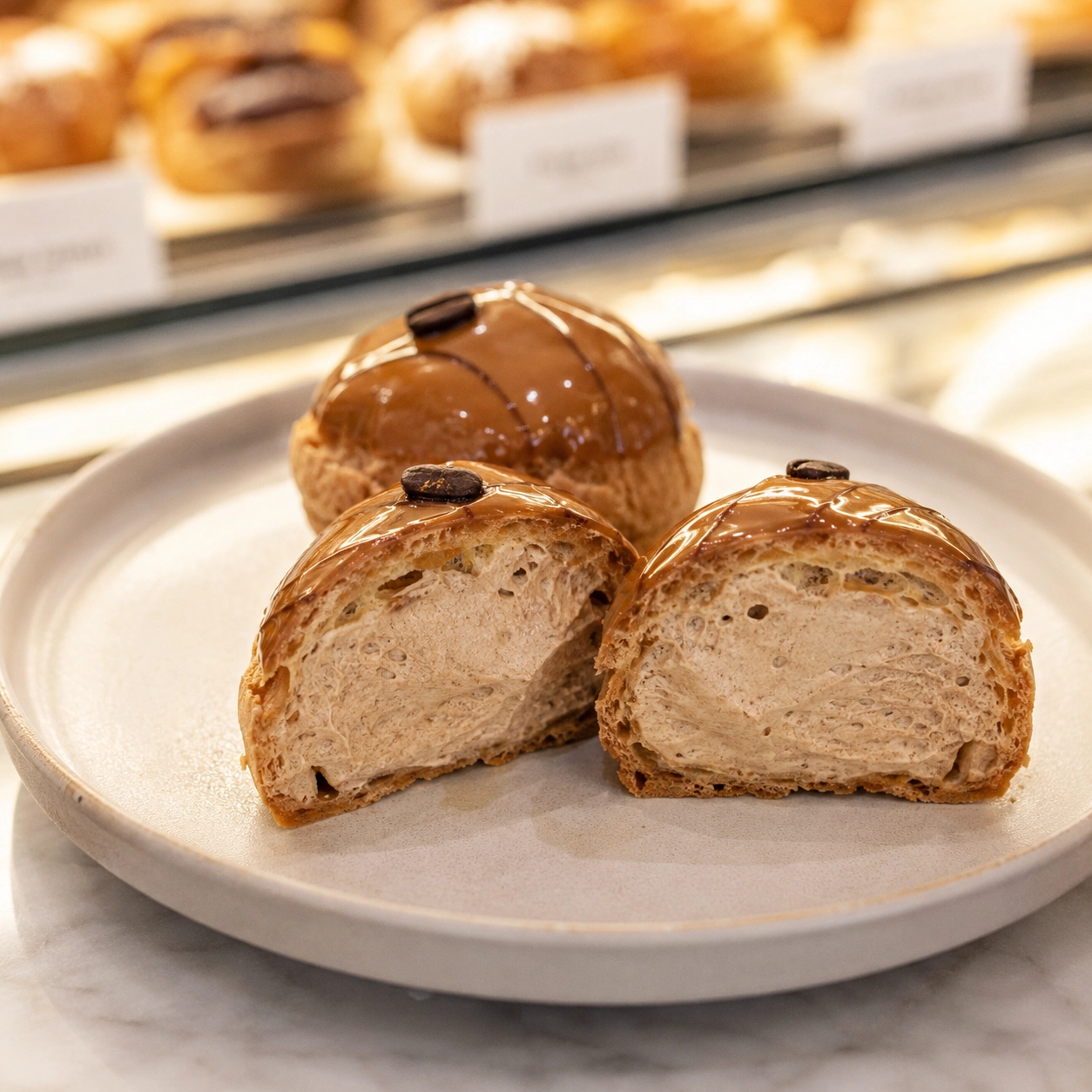 Aufgeschnittener Mokka-Windbeutel mit cremiger Espresso-Sahnefüllung, zubereitet mit Rowdy Kaffee und Torani Caramel Sirup