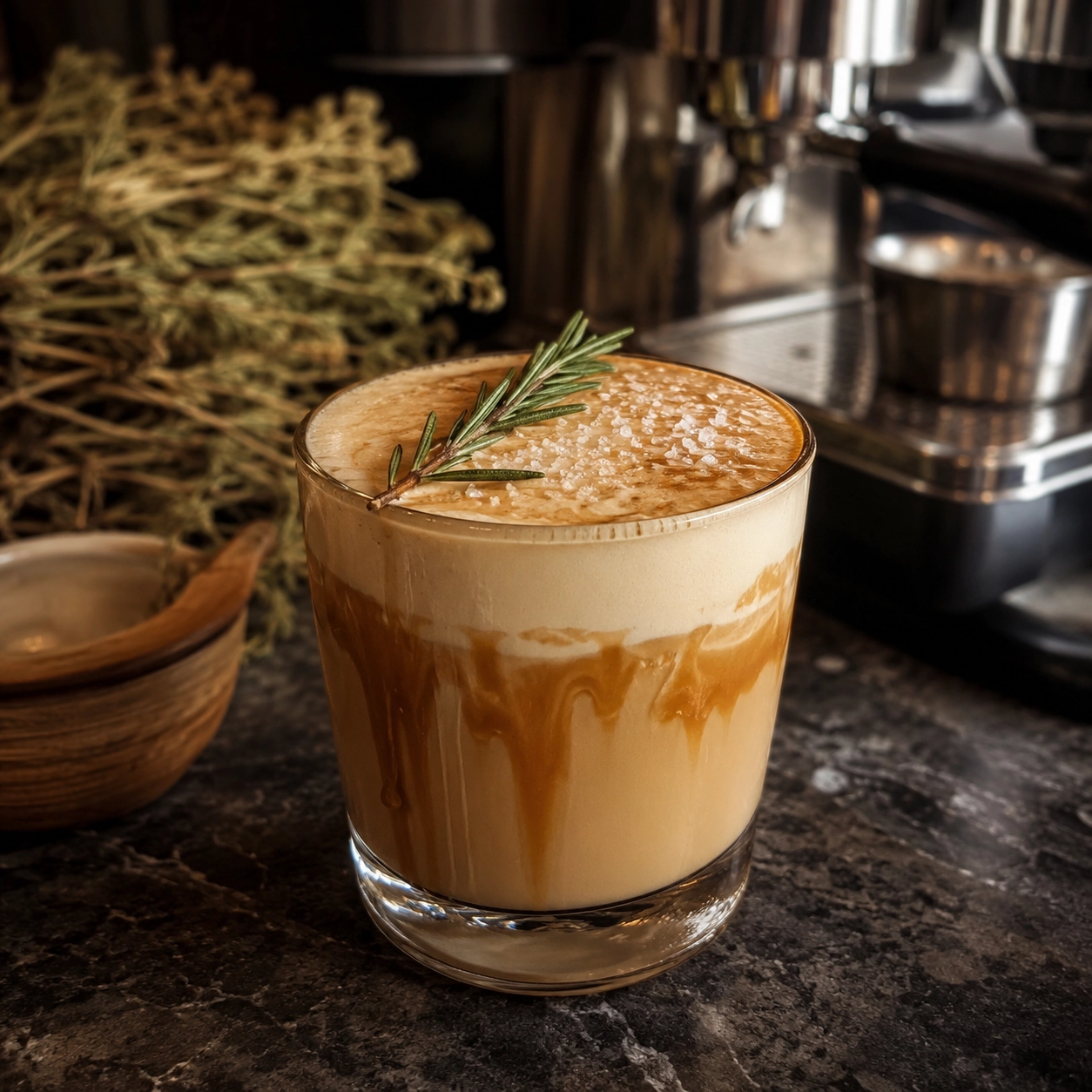 Sea Salt & Rosemary Latte im Glas mit cremigem Milchschaum, Meersalzflocken und frischem Rosmarinzweig, serviert auf einem Café-Tresen