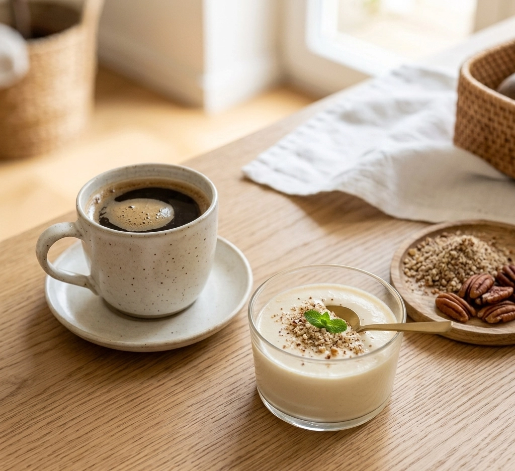 Tasse schwarzer Kaffee auf Holztisch neben cremiger Pannacotta mit Nüssen und Minze als Foodpairing