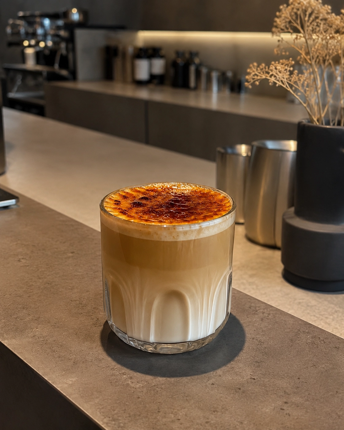 Crème Brûlée Latte im Glas mit knuspriger, karamellisierter Zuckerkruste und cremigem Milchschaum, serviert auf einem Café-Tresen