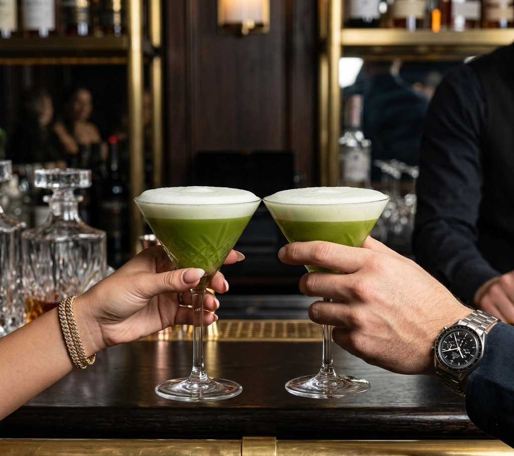  Zwei Matcha Martinis mit weißem Eischaum in Kristallgläsern werden an einer dunklen Bartheke angestoßen
