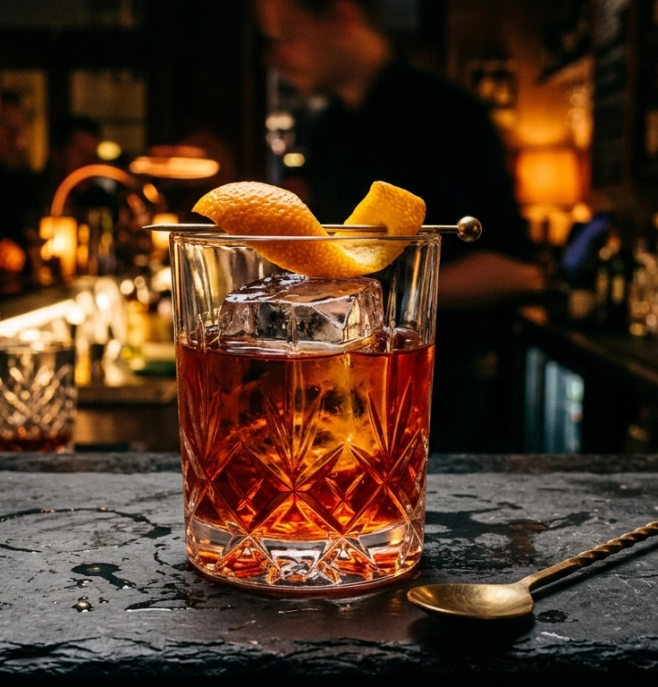  Espresso Negroni im Kristall-Rocks-Glas auf schwarzer Schieferplatte, garniert mit Orangenzeste, im Hintergrund Campari- und Vermoutflaschen sowie warmes Barlicht.