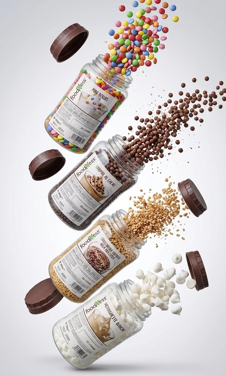 Vier Foodness Topping Gläser im Exploded View