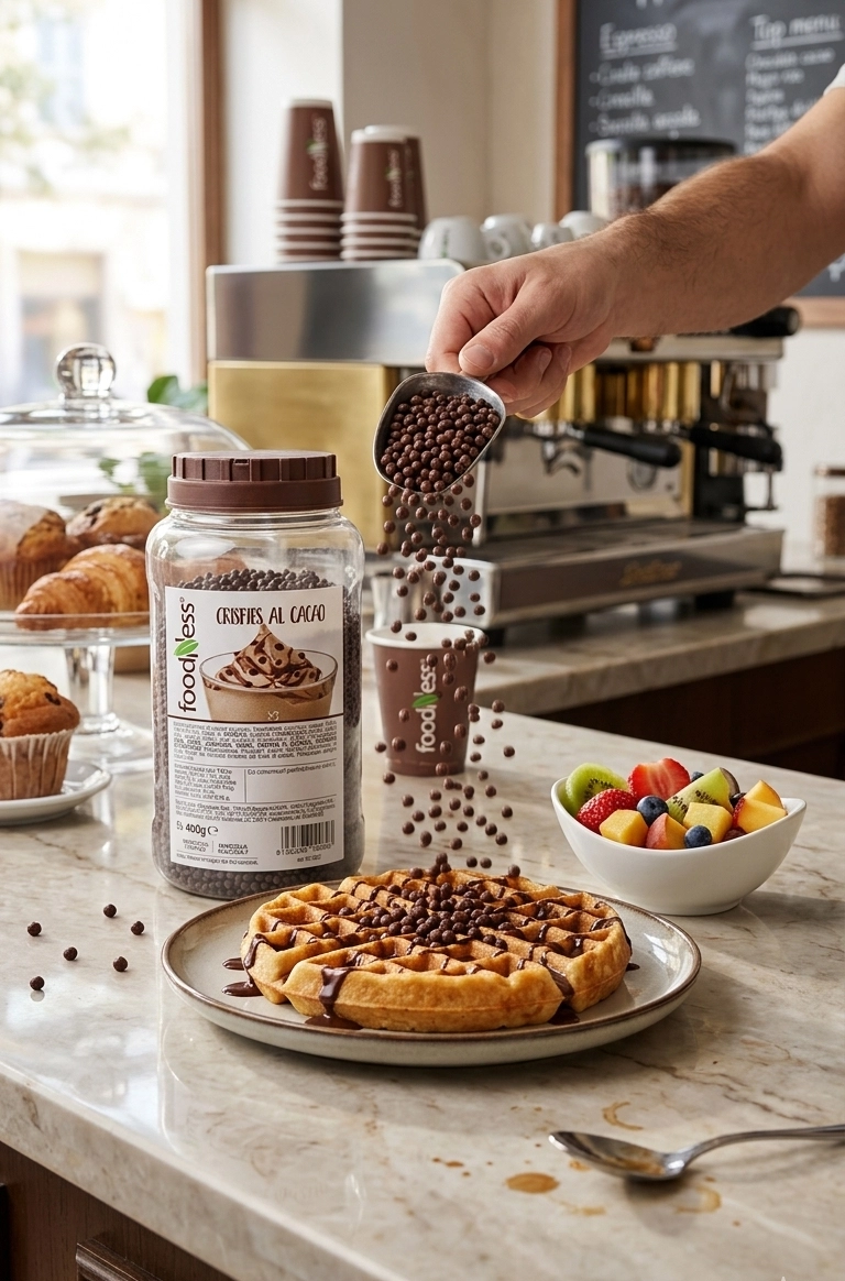 Barista streut Foodness Crispies al Cacao aus einem Messlöffel auf eine Waffel mit Schokoladensauce