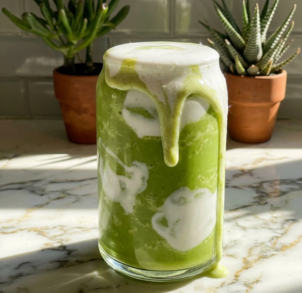 Ein grüner Matcha Cloud Smoothie in einem Glas, der über den Rand fließt, steht auf einer hellen Marmorfläche, mit Pflanzen im Hintergrund.