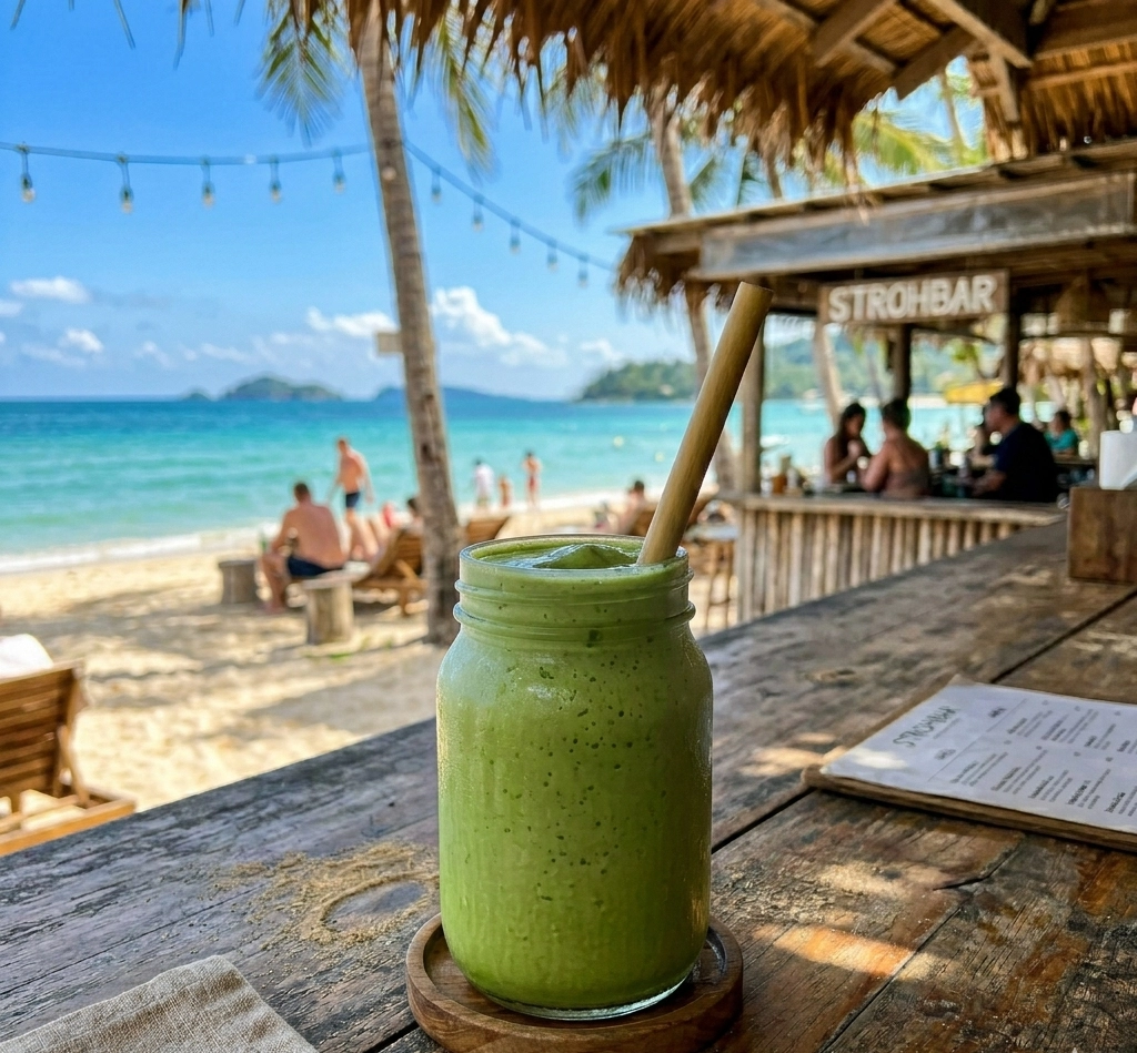Grüner Matcha-Kokos-Smoothie im Mason Jar mit Bambusstrohhalm auf einem Holztisch einer Strandbar – türkisfarbenes Meer und Sandstrand im Hintergrund