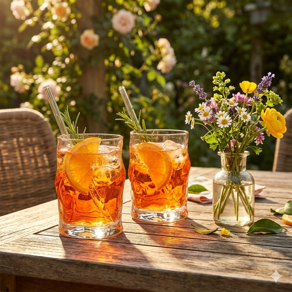 Zwei Gläser Aperol Spritz mit Orangenscheiben, Eiswürfeln, Rosmarinzweigen und Glasstrohhalmen auf einem Holztisch im Garten, daneben eine kleine Glasvase mit bunten Wildblumen, im Hintergrund blühende Rosen im warmen Sonnenlicht.