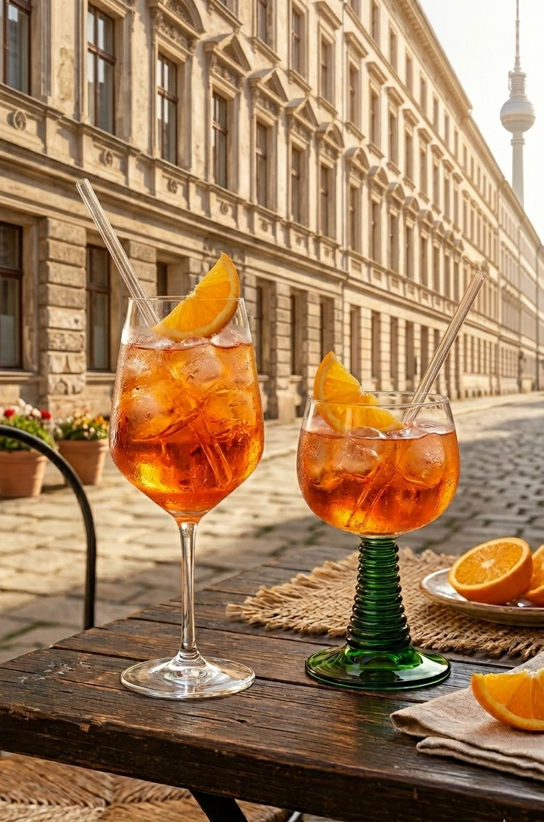 Zwei Aperol Spritz auf einem rustikalen Holztisch in einer sonnigen Altstadtstraße. Links ein elegantes, schlankes Weinglas („hübsches Glas“), rechts ein auffälliges Glas mit grünem Fuß („hässliches Glas“). Beide Drinks sind mit Eiswürfeln und Orangensche