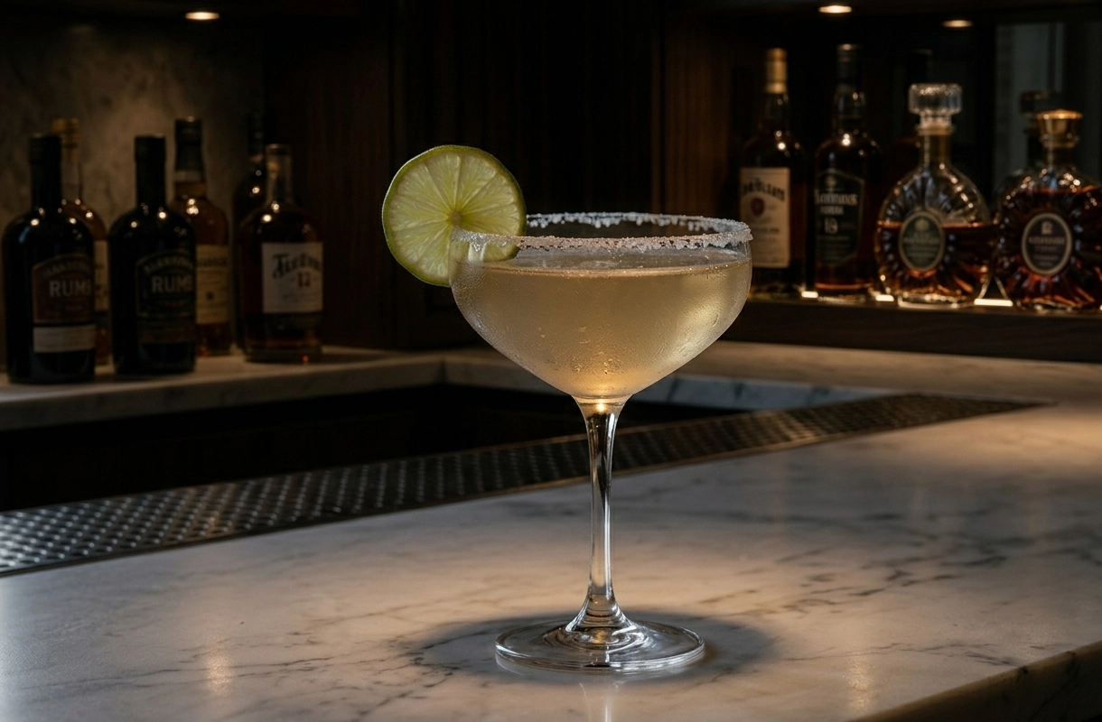 Ein klassischer Margarita-Cocktail in einem Stielglas mit Salzrand und Limettenscheibe, serviert auf einer Bar-Theke vor einer Auswahl von Spirituosen.