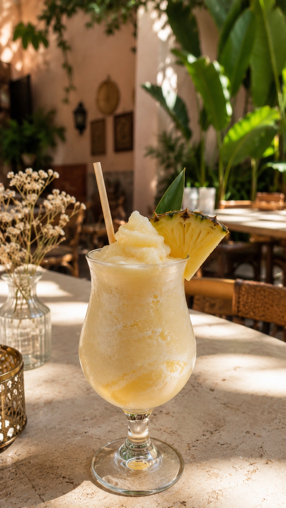 Cremige Frozen Piña Colada als Slush in einem eleganten Cocktailglas auf einem Tisch in einem sonnigen Café-Innenhof mit tropischen Pflanzen und sommerlicher Atmosphäre.