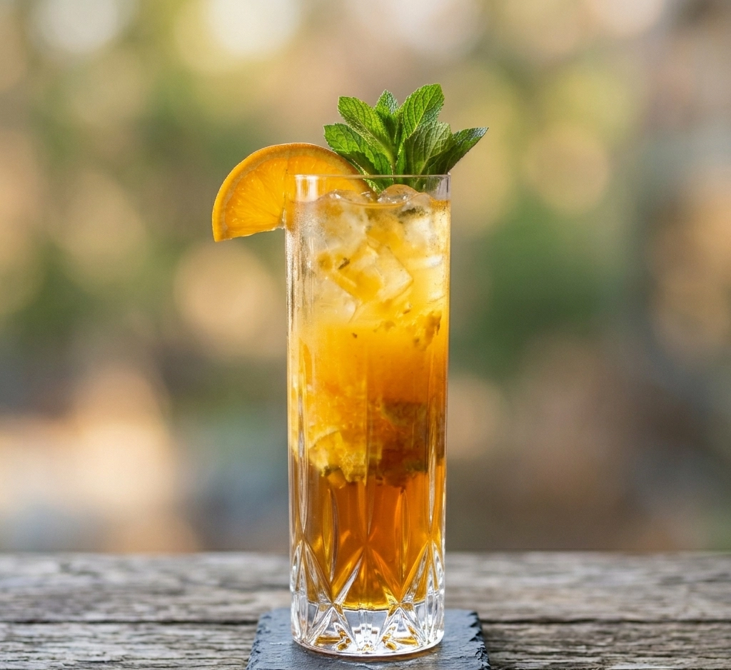 Kristallglas mit bernsteinfarbenem Mate-Eistee, garniert mit einer Orangenscheibe und frischer Minze, auf einer Schieferplatte und einem rustikalen Holztisch, unscharfer Grünhintergrund.