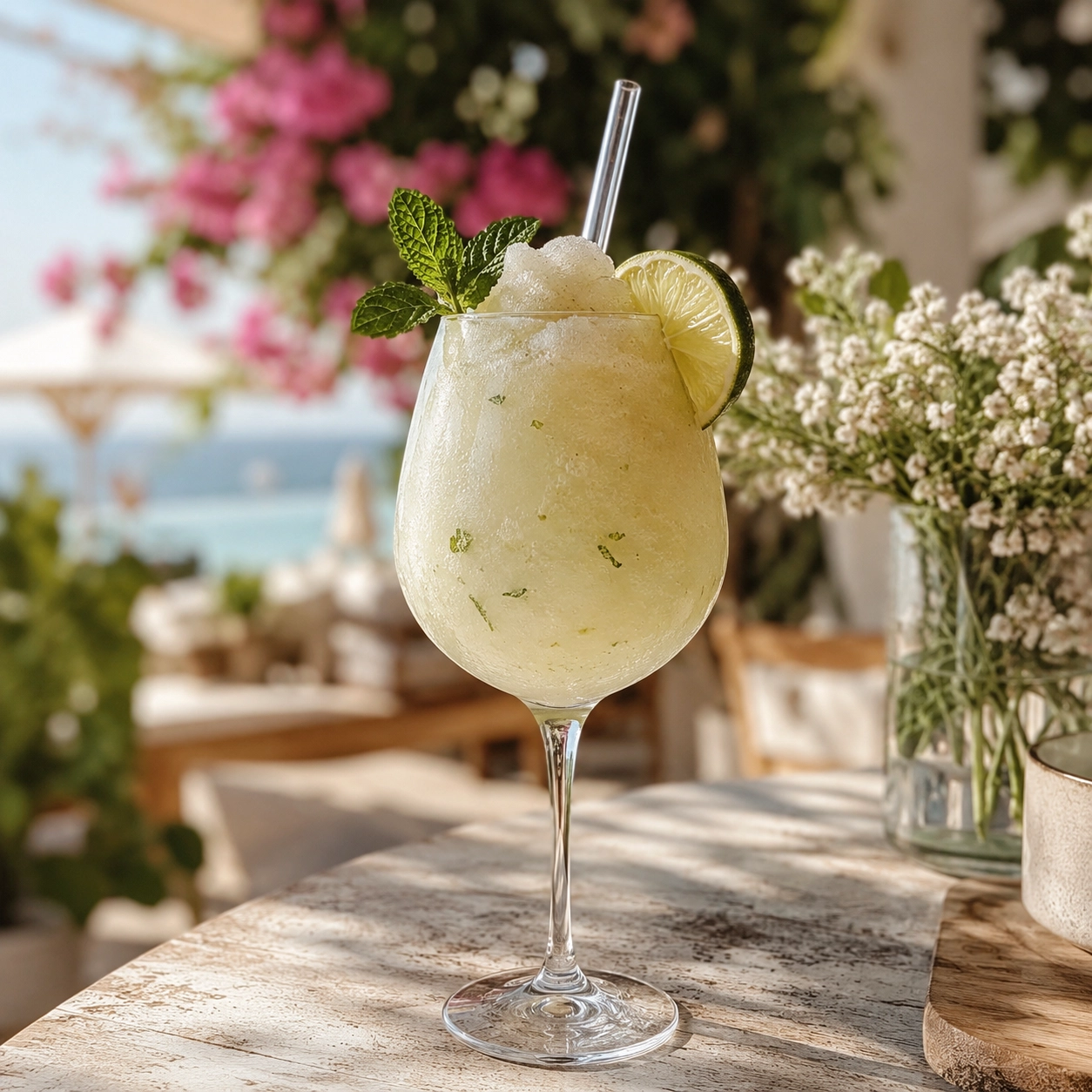 Hugo Spritz Slush Mocktail im sommerlichen Café