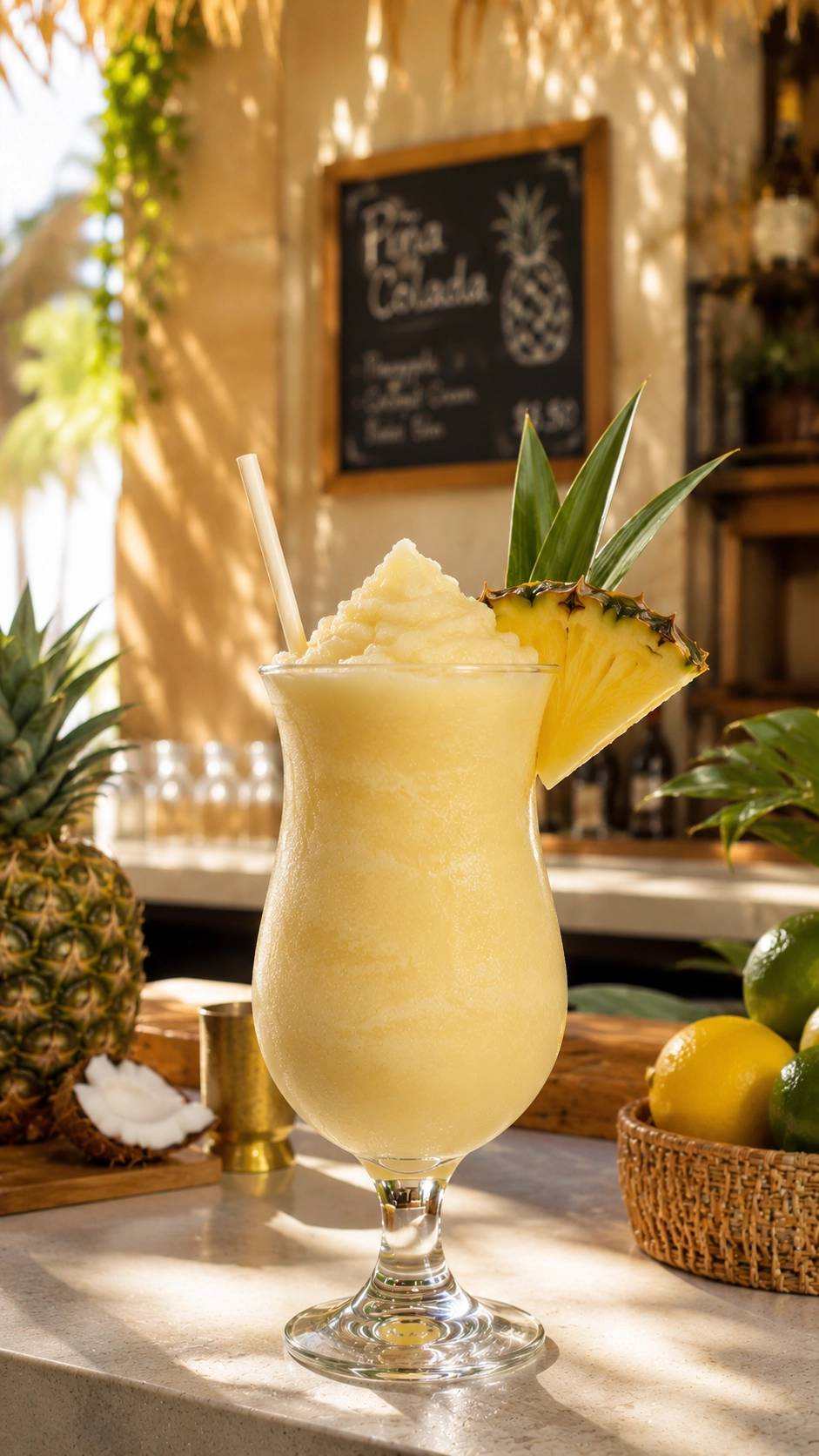 Frozen Piña Colada als cremiger Slush in einem eleganten Cocktailglas auf einer sommerlichen Café-Theke mit frischer Ananas, Limetten und tropischem Ambiente im Hintergrund.