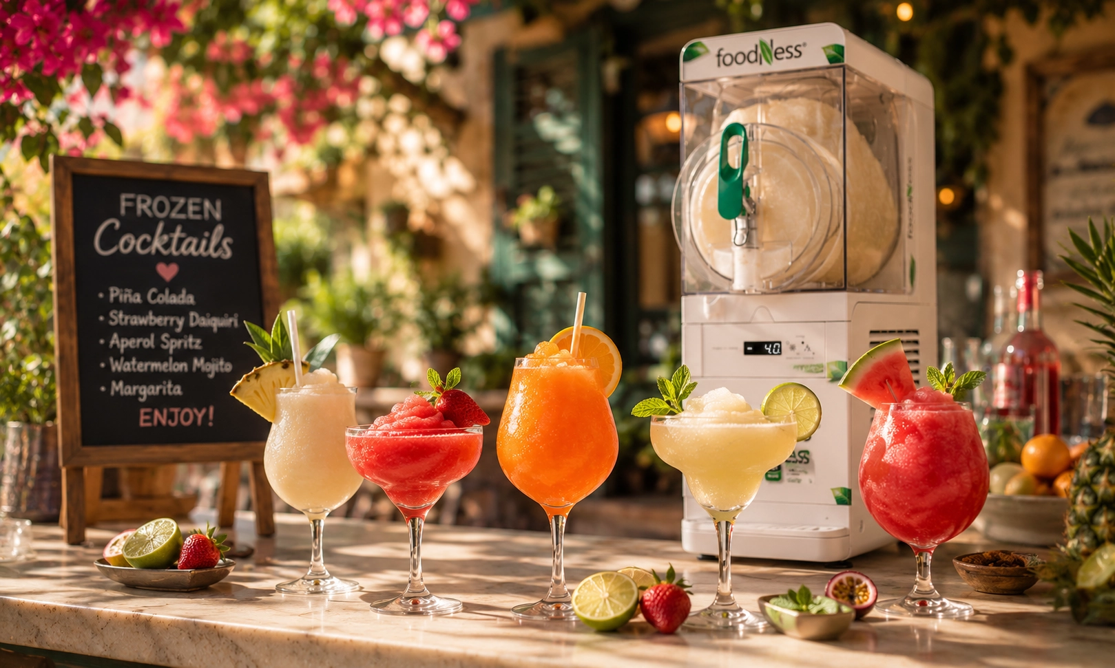 Eine FoodNess Slush-Maschine steht auf der Theke eines sonnigen Café-Innenhofs. Im Vordergrund stehen verschiedene farbenfrohe Frozen Slush Cocktails in eleganten Gläsern, darunter Frozen Aperol, Strawberry Daiquiri, Piña Colada und Margarita, dekoriert m