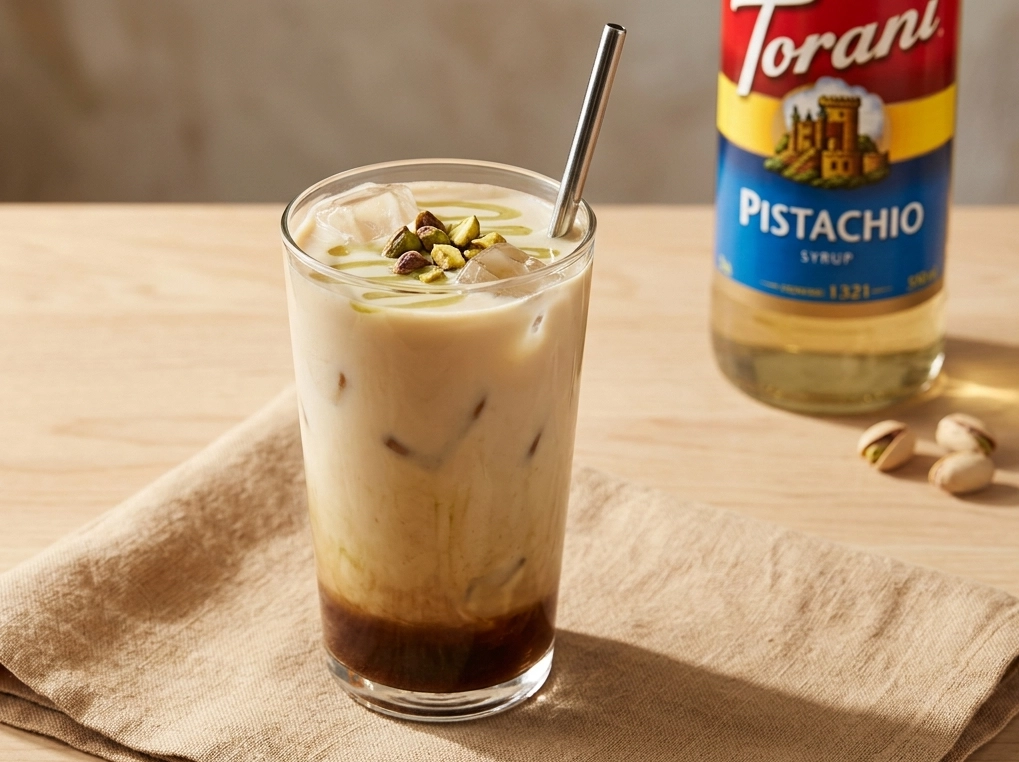 Cremiger Pistachio Iced Latte im hohen Glas mit Espresso-Schicht, Hafermilch-Layer und gehackten Pistazien als Topping, zubereitet mit Torani Pistachio Sirup und Rowdy Kaffee auf hellem Holzuntergrund