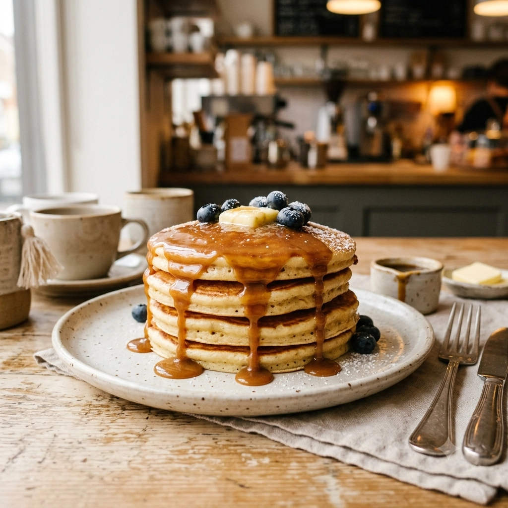 Gestapelte Espresso-Pancakes mit warmer Ahornsirup-Kaffee-Glasur, zubereitet mit Rowdy Kaffee und Torani Caramel Sirup