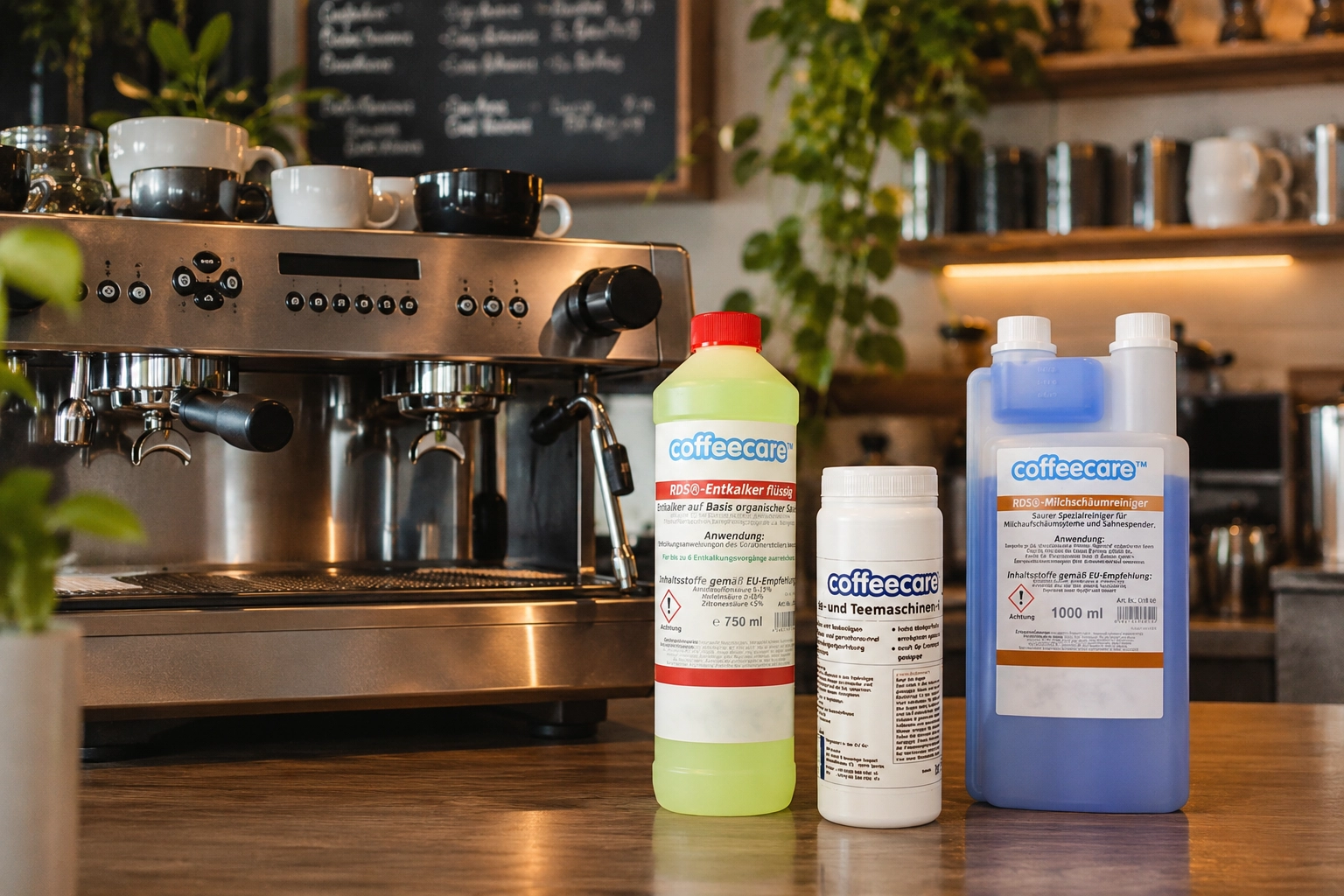Professionelle Siebträgermaschine auf einer Café-Theke mit den CoffeeCare Reinigungsprodukten Entkalker, Maschinenreiniger und Milchsystemreiniger.