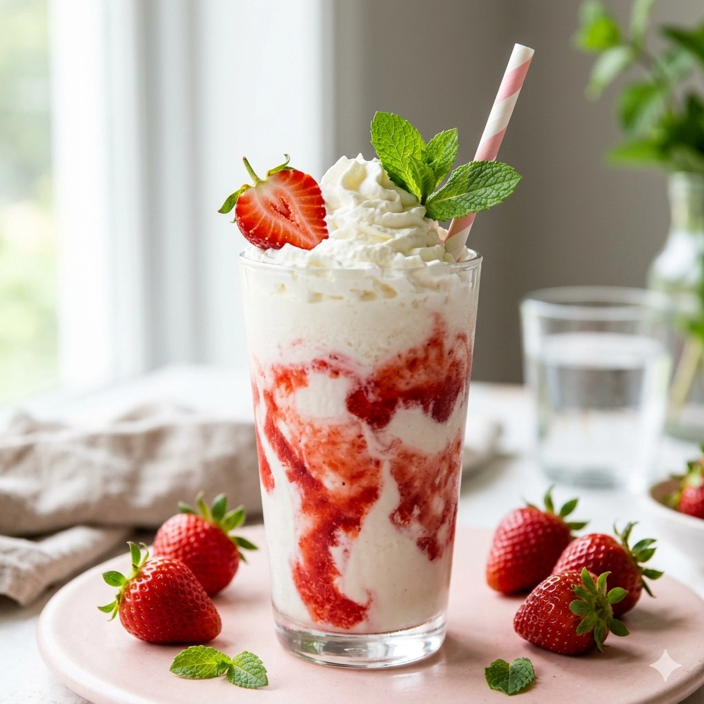 Cremig-weißer Arctic White Frappé im hohen Glas mit leuchtend rotem Erdbeerpüree-Farbverlauf, Schlagsahne-Topping und frischer Erdbeere als Garnitur, zubereitet mit Cape Dorato Arctic White Frappé Pulver auf pastellrosa Untergrund