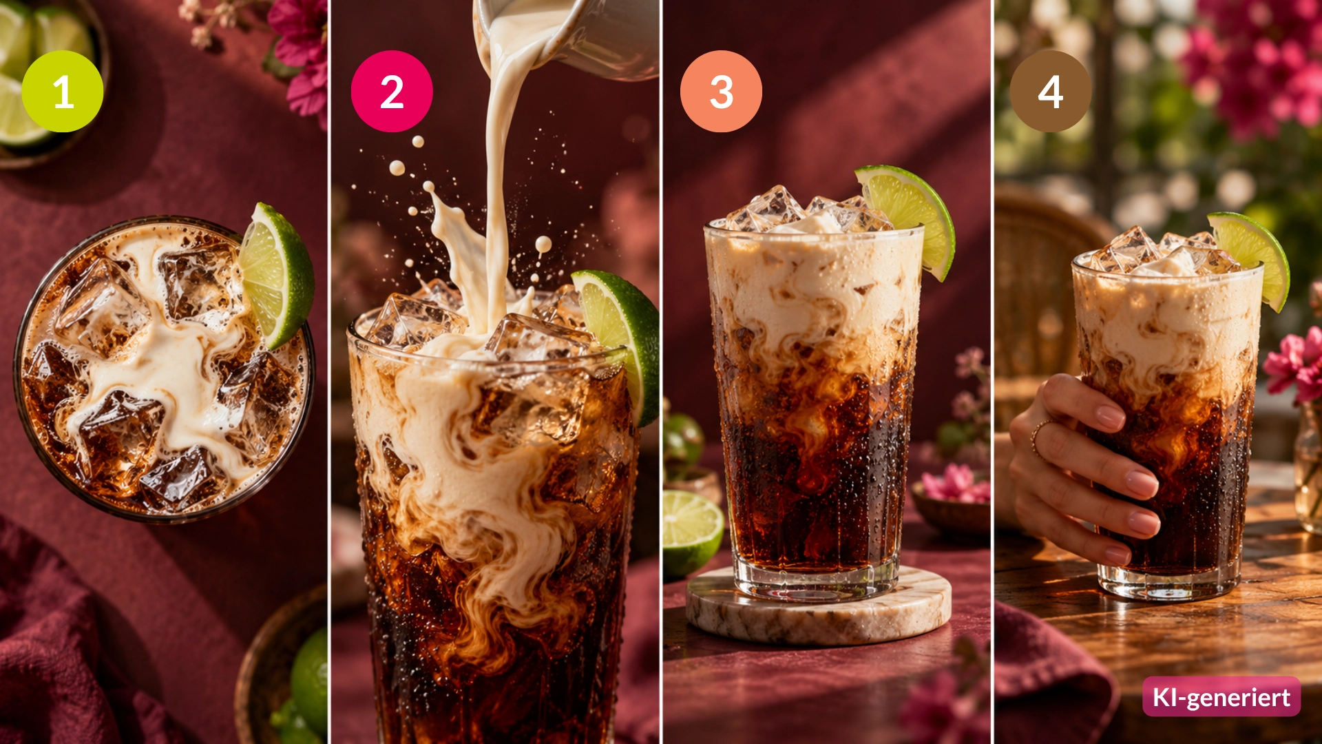 Vier Foto-Ideen für Dirty Soda: Draufsicht, Eingieß-Moment, Seitenansicht mit Schichtung, Kontext-Foto