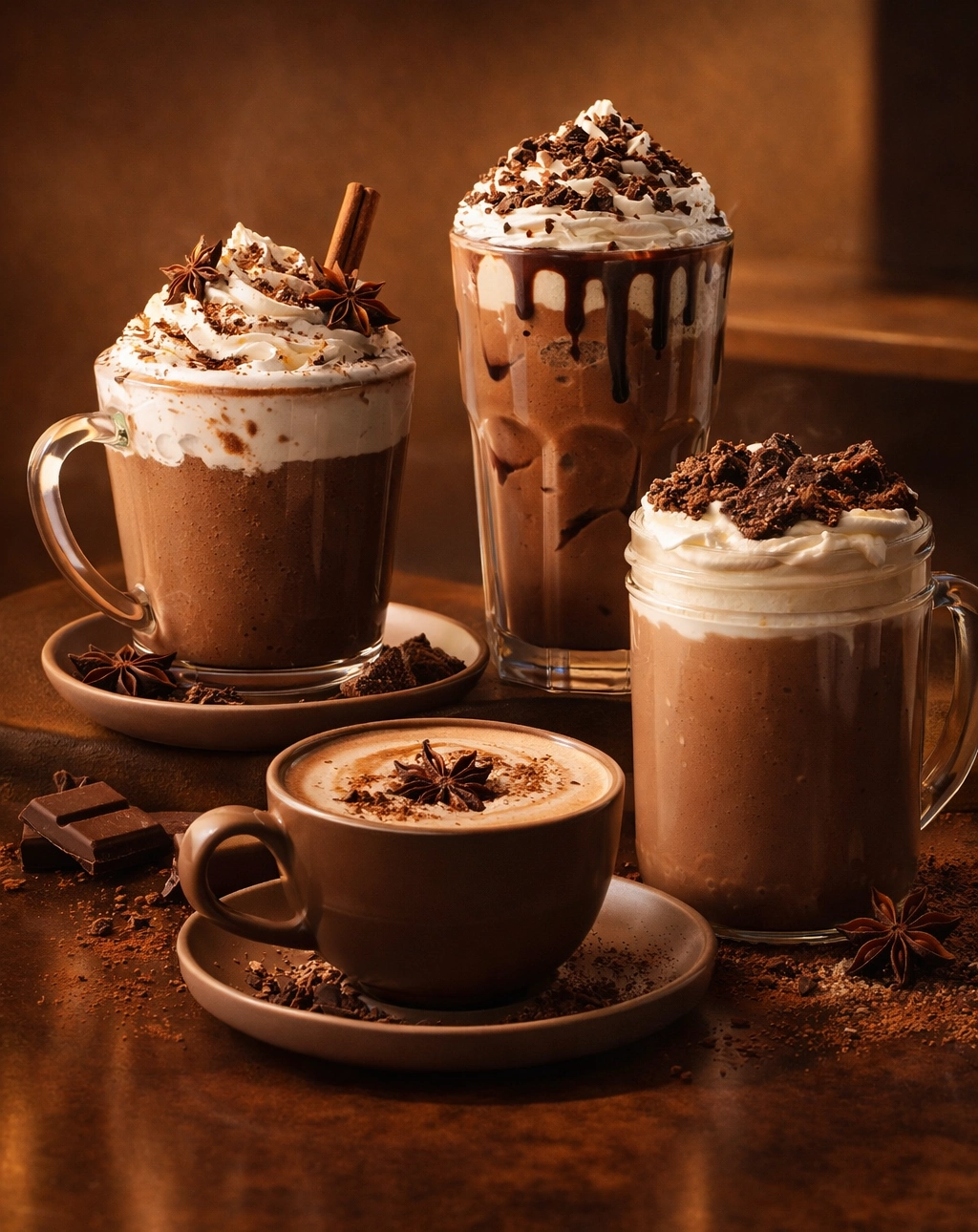 Kakao Getränke in verschieden Gläsern mit Sahne und Schokoladensauce