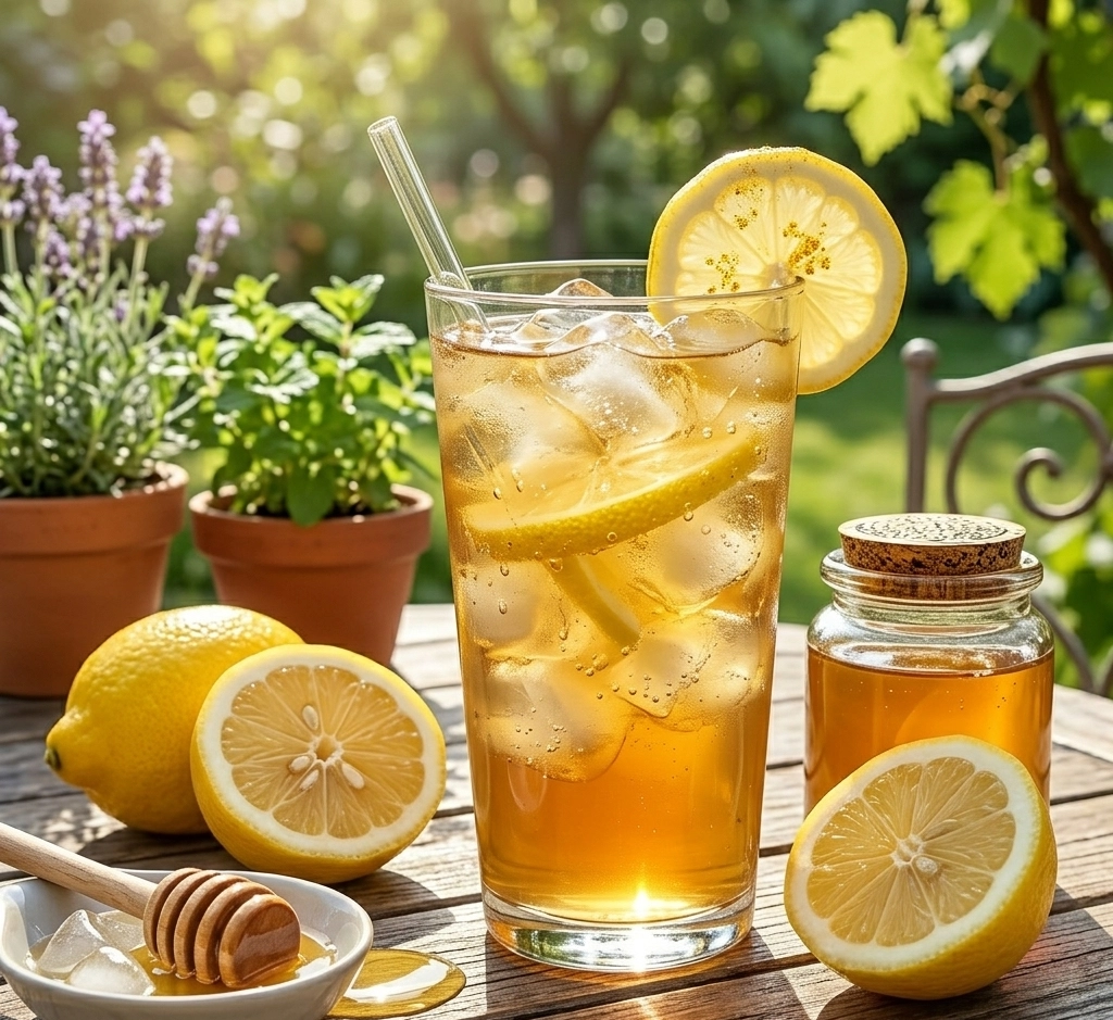 Ein Longdrinkglas mit hellgoldenem Grüntee-Eistee, garniert mit frischer Minze und einer Zitronenscheibe, auf einer dunklen Betonbar mit Ingwerscheiben und einem Honigglas im Hintergrund.