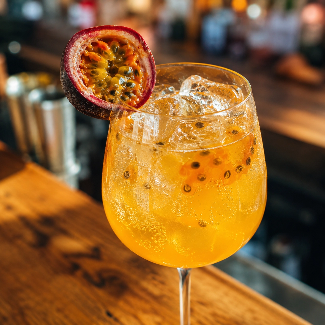 Alkoholfreier Maracuja Spritz im Glas mit Eiswürfeln und frischer Passionsfrucht, dekoriert am Glasrand, serviert in warmer Bar-Atmosphäre