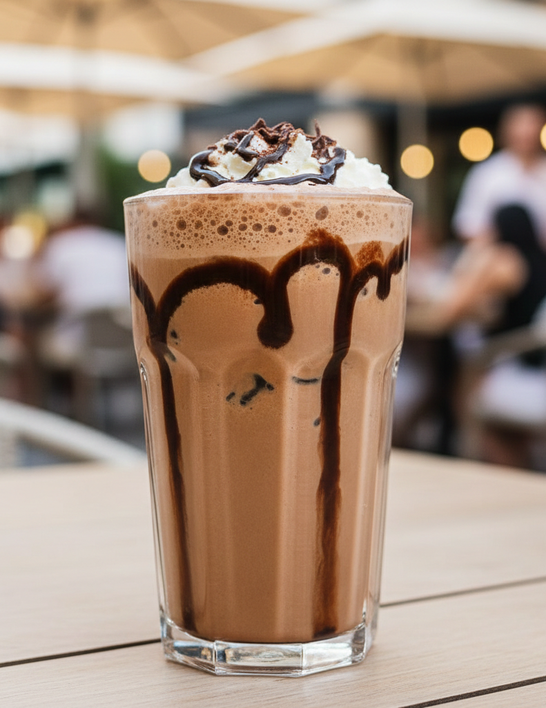 Schokoladen Frappe mit Sahne im Cafe Setting